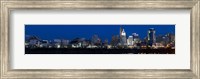 Framed Cincinnati skyline and John A. Roebling Suspension Bridge at twilight from across the Ohio River, Hamilton County, Ohio, USA