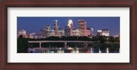 Framed Buildings lit up at night in a city, Minneapolis, Mississippi River, Hennepin County, Minnesota, USA
