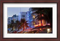 Framed Hotels lit up at dusk in a city, Miami, Miami-Dade County, Florida, USA