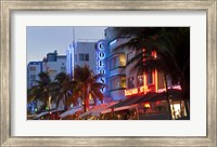 Framed Hotels lit up at dusk in a city, Miami, Miami-Dade County, Florida, USA