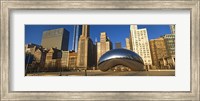 Framed Cloud Gate sculpture with buildings in the background, Millennium Park, Chicago, Cook County, Illinois, USA