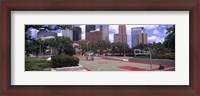 Framed Basketball court with skyscrapers in the background, Houston, Texas