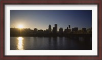 Framed Buildings along the waterfront at sunset, Willamette River, Portland, Oregon, USA