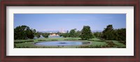 Framed Formal garden in City Park with city and Mount Evans in background, Denver, Colorado, USA