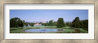 Framed Formal garden in City Park with city and Mount Evans in background, Denver, Colorado, USA