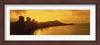 Framed USA, Hawaii, Honolulu, Waikiki Beach, Sunrise view of city and beach