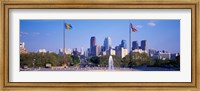 Framed Fountain at art museum with city skyline, Philadelphia, Pennsylvania, USA