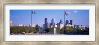 Framed Fountain at art museum with city skyline, Philadelphia, Pennsylvania, USA