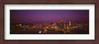 Framed High angle view of buildings lit up at night, Three Rivers Stadium, Pittsburgh, Pennsylvania, USA