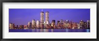 Framed Buildings at the waterfront lit up at dusk, World Trade Center, Wall Street, Manhattan, New York City, New York State, USA