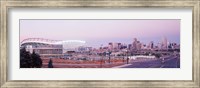 Framed USA, Colorado, Denver, Invesco Stadium, Skyline at dusk