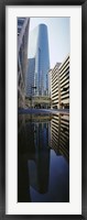 Framed Reflection of buildings on water, Houston, Texas, USA