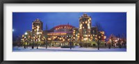 Framed Facade Of A Building Lit Up At Dusk, Navy Pier, Chicago, Illinois, USA