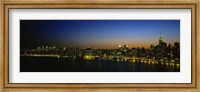 Framed City skyline at night, view of Manhattan from Long Island, New York City, New York State, USA