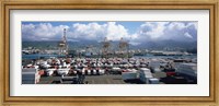 Framed Containers And Cranes At A Harbor, Honolulu Harbor, Hawaii, USA