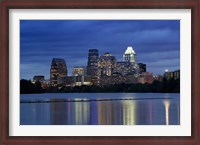 Framed Buildings at the waterfront lit up at dusk, Town Lake, Austin, Texas, USA