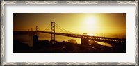 Framed High angle view of a suspension bridge at sunset, Bay Bridge, San Francisco, California, USA