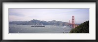 Framed Cruise ship approaching a suspension bridge, RMS Queen Mary 2, Golden Gate Bridge, San Francisco, California, USA