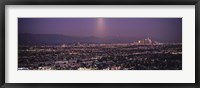 Framed Buildings in a city lit up at dusk, Hollywood, San Gabriel Mountains, City Of Los Angeles, Los Angeles County, California, USA
