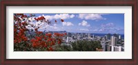 Framed Honolulu Skyline from a Distance (red flowers)