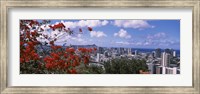 Framed Honolulu Skyline from a Distance (red flowers)