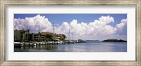 Framed Boats docked in a bay, Cabbage Key, Sunshine Skyway Bridge in Distance, Tampa Bay, Florida, USA