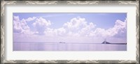Framed Sea with a container ship and a suspension bridge in distant, Sunshine Skyway Bridge, Tampa Bay, Gulf of Mexico, Florida, USA
