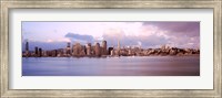 Framed San Francisco city skyline at sunrise viewed from Treasure Island side, San Francisco Bay, California, USA