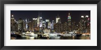 Framed Buildings in a city lit up at night, Hudson River, Midtown Manhattan, Manhattan, New York City, New York State, USA