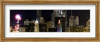 Framed Skyscrapers and firework display in a city at night, Lake Michigan, Chicago, Illinois, USA