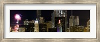 Framed Skyscrapers and firework display in a city at night, Lake Michigan, Chicago, Illinois, USA