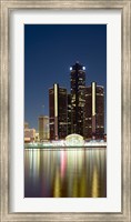 Framed Skyscrapers lit up at dusk, Renaissance Center, Detroit River, Detroit, Michigan, USA