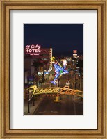 Framed Neon casino signs lit up at dusk, El Cortez, Fremont Street, The Strip, Las Vegas, Nevada, USA
