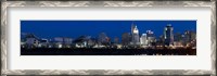 Framed Cincinnati skyline and John A. Roebling Suspension Bridge at twilight from across the Ohio River, Hamilton County, Ohio, USA