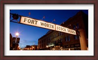 Framed Signboard over a road at dusk, Fort Worth Stockyards, Fort Worth, Texas, USA