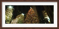 Framed Christmas tree lit up at night, Rockefeller Center, Manhattan, New York State
