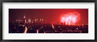 Framed Fireworks display at night over a city, New York City, New York State, USA
