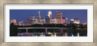 Framed Buildings lit up at night in a city, Minneapolis, Mississippi River, Hennepin County, Minnesota, USA