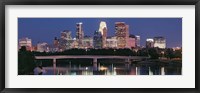 Framed Buildings lit up at night in a city, Minneapolis, Mississippi River, Hennepin County, Minnesota, USA