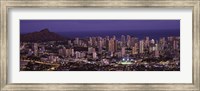 Framed High angle view of a city lit up at dusk, Honolulu, Oahu, Honolulu County, Hawaii
