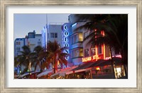 Framed Hotels lit up at dusk in a city, Miami, Miami-Dade County, Florida, USA