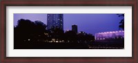 Framed Devon Tower and Crystal Bridge Tropical Conservatory at night, Oklahoma City, Oklahoma, USA