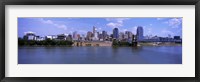 Framed Paul Brown Stadium with John A. Roebling Suspension Bridge along the Ohio River, Cincinnati, Hamilton County, Ohio, USA