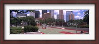 Framed Basketball court with skyscrapers in the background, Houston, Texas