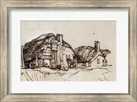 Framed Two Thatched Cottages with Figures at a Window