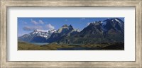 Framed Lake in front of mountains, Jagged Peaks, Lago Nordenskjold, Torres Del Paine National Park, Patagonia, Chile