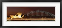 Framed Opera house lit up at night with light streaks, Sydney Harbor Bridge, Sydney Opera House, Sydney, New South Wales, Australia