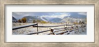 Framed Wooden fence covered with snow at the countryside, Colorado, USA