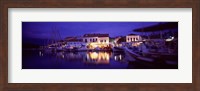 Framed Greece, Cephalonia, Light illuminated on harbor and outdoors cafe