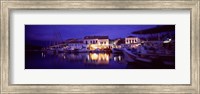 Framed Greece, Cephalonia, Light illuminated on harbor and outdoors cafe